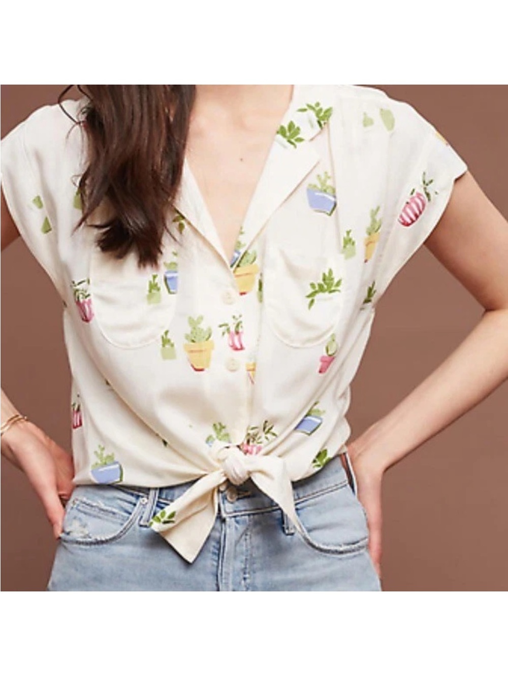 Anthropologie Cream Short-Sleeve Tie-Front Blouse with Potted-Plant Print